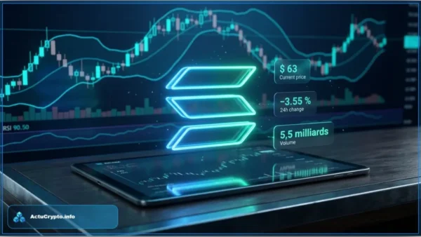 Illustration de l'analyse technique de la crypto Solana (SOL). On voit le logo de Solana flottant au-dessus d'une tablette affichant un graphique financier. En arrière-plan, un graphique boursier montre l'évolution du cours et des indicateurs techniques.
