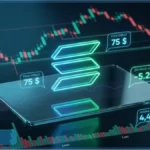 Graphique d'analyse technique de la crypto Solana (SOL) montrant le logo SOL, une baisse de -5,29% et un cours à 75$ sur fond de chandeliers japonais.