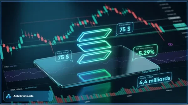 Graphique d'analyse technique de la crypto Solana (SOL) montrant le logo SOL, une baisse de -5,29% et un cours à 75$ sur fond de chandeliers japonais.