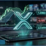 Graphique d'analyse technique de la crypto XRP avec son logo en hologramme. L'écran affiche le cours du XRP à 1,230 $, une résistance clé pour les investisseurs.