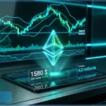 Hologramme du logo Ethereum affichant un prix de 1580 dollars devant un graphique d'analyse technique