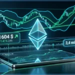 Graphique d'analyse technique montrant le logo Ethereum lumineux au-dessus d'une tablette avec le prix à 1604 dollars