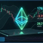 Logo Ethereum (ETH) devant un graphique boursier baissier, illustrant l'analyse technique du cours de la crypto en zone de survente.