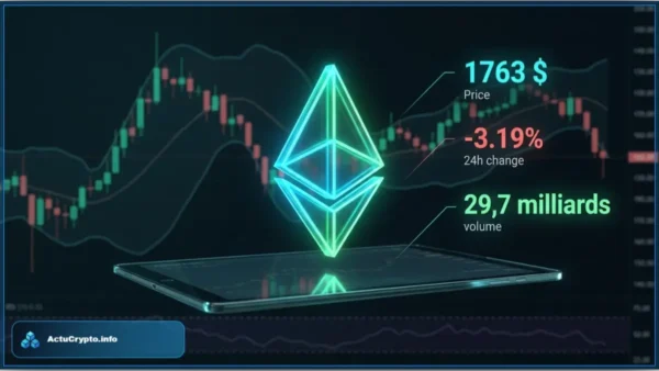 Logo Ethereum (ETH) devant un graphique boursier baissier, illustrant l'analyse technique du cours de la crypto en zone de survente.