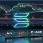 Logo lumineux de Solana devant un graphique boursier affichant un prix de 74 dollars et une baisse de 3,11 pourcents