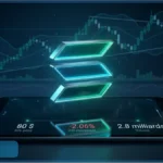 Illustration du logo de la cryptomonnaie Solana (SOL) flottant au-dessus d'une tablette affichant son cours à 80 $. En arrière-plan, un graphique d'analyse technique montre la volatilité du marché.