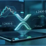 Logo de la cryptomonnaie XRP de Ripple avec un graphique d'analyse technique du cours en arrière-plan, illustrant la consolidation du prix.