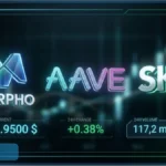 Graphique d'analyse technique du marché crypto DeFi illustrant les performances de Morpho, Aave et Sky avec des données de prix et de volume.
