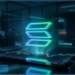 Hologramme du logo de la crypto Solana (SOL) affichant des données de marché comme le prix, le volume et le RSI, dans un contexte d'analyse technique.