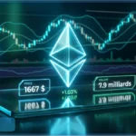 Graphique d'analyse technique Ethereum montrant le prix à 1667 dollars et les volumes de trading