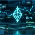 Logo Ethereum lumineux en 3D avec des graphiques de trading affichant un prix de 1677 dollars et des indicateurs de marché