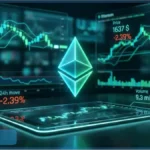 Tableau de bord de trading affichant le logo Ethereum lumineux avec un prix en baisse a 1637 dollars