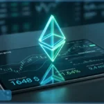Logo Ethereum lumineux au-dessus d'une tablette affichant un graphique d'analyse technique avec le prix à 1648 dollars.