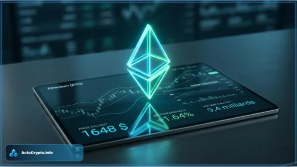 Logo Ethereum lumineux au-dessus d'une tablette affichant un graphique d'analyse technique avec le prix à 1648 dollars.