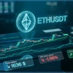 Graphique d'analyse technique Ethereum montrant le cours ETHUSDT a 1636 dollars sur un ecran de trading futuriste