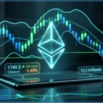 Graphique de trading et logo Ethereum lumineux illustrant l'analyse technique du cours de l'ETH