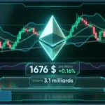 Tableau de bord de trading affichant le logo Ethereum, un prix de 1676 dollars et des graphiques en chandeliers