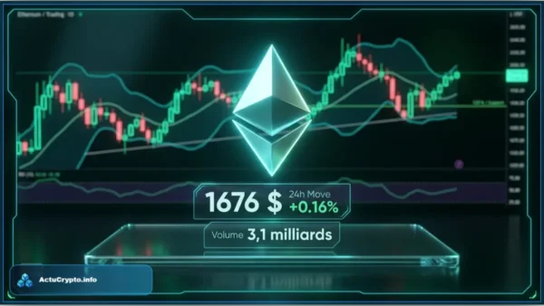Tableau de bord de trading affichant le logo Ethereum, un prix de 1676 dollars et des graphiques en chandeliers