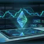 Graphique d'analyse technique montrant le logo Ethereum en hologramme avec un prix de 1726 dollars sur des écrans de trading