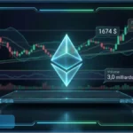 Graphique d'analyse technique Ethereum affichant un prix de 1674 dollars avec des indicateurs de trading en arrière-plan