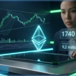 Graphique d'analyse technique Ethereum affichant un prix de 1740 dollars et une tendance baissière