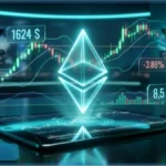 Hologramme Ethereum sur une plateforme de trading affichant un prix de 1624 dollars et des graphiques financiers