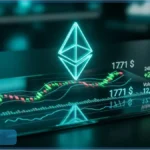 Logo Ethereum lumineux au-dessus d'un graphique financier affichant le prix de 1771 dollars et les volumes de trading