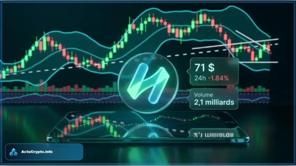 Graphique d'analyse technique du jeton Hyperliquid affichant un prix de 71 dollars et un volume de 2,1 milliards