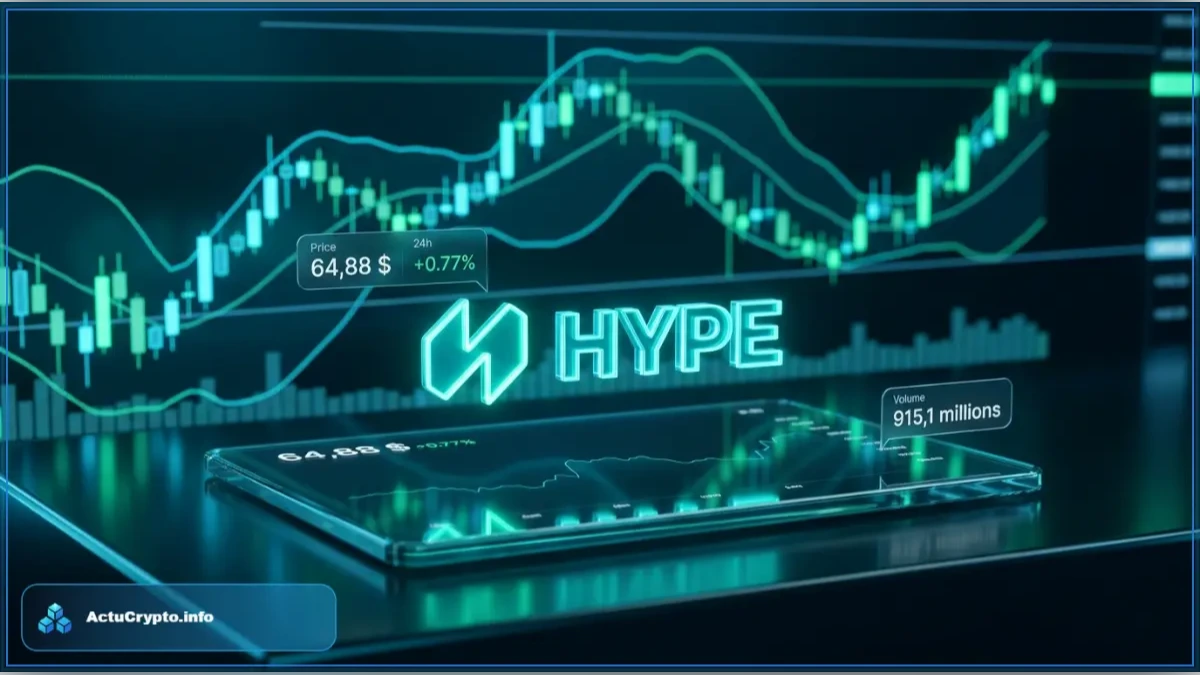 Graphique d'analyse technique du jeton HYPE d'Hyperliquid affichant un prix de 64,88 dollars sur un écran de trading