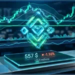 Graphique boursier et logo 3D illustrant l'analyse technique du jeton BNB en consolidation à 557 dollars