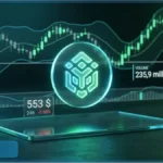 Logo lumineux du jeton BNB devant un graphique de trading affichant un prix de 553 dollars