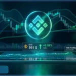 Graphique holographique montrant le prix du jeton BNB à 591 dollars sur une plateforme de trading