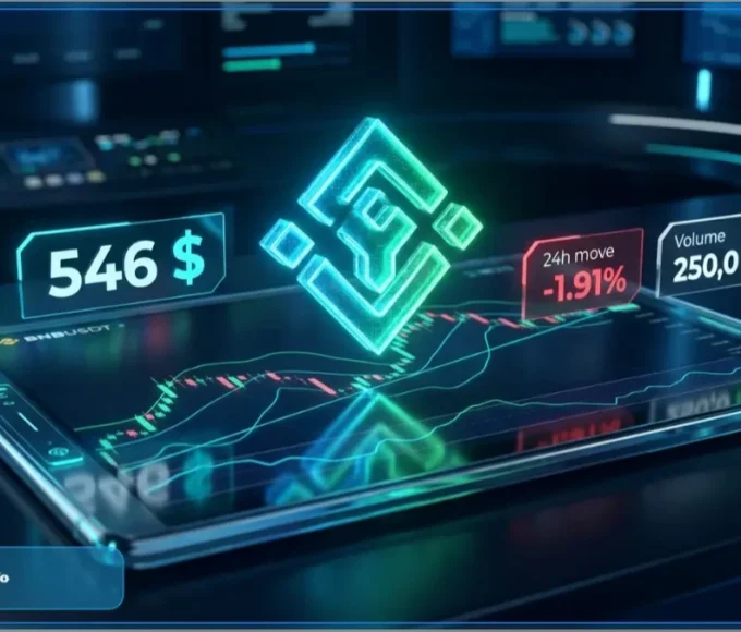 Graphique de trading affichant le prix du jeton BNB à 546 dollars avec des indicateurs de baisse