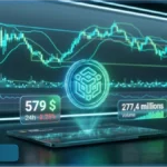 Graphique d'analyse technique du jeton BNB affichant un prix de 579 dollars et une baisse de 2.25% sur 24 heures
