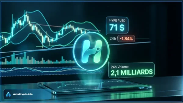 Graphique d'analyse technique affichant le prix du jeton Hyperliquid HYPE à 71 dollars avec les volumes de trading