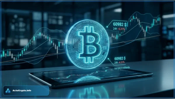 Hologramme du logo Bitcoin (BTC) avec des graphiques financiers en arrière-plan, illustrant l'analyse technique du prix de la crypto-monnaie qui teste un support clé.