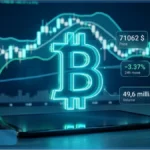 Logo Bitcoin devant un graphique boursier affichant une tendance baissière, avec le prix à 71 062 $ et une baisse de 3.37%.