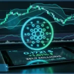 Logo lumineux du Cardano au-dessus d'une tablette affichant le prix de l'ADA devant un graphique boursier