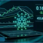Graphique boursier virtuel du Cardano ADA affichant un prix de 0,1618 $ et une baisse de 3,58 %
