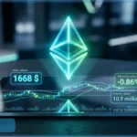 Hologramme du logo Ethereum sur une tablette affichant un graphique de trading avec un prix de 1668 dollars