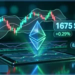 Graphique de trading et logo Ethereum lumineux affichant un prix de 1 675 dollars sur une tablette