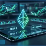Logo lumineux d'Ethereum au-dessus d'une tablette affichant un prix de 1687 dollars et une hausse de 4,52 % avec des graphiques de trading en arrière-plan