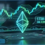 Graphique financier montrant le logo Ethereum lumineux avec le prix à 1738 dollars et des indicateurs de marché
