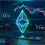 Logo Ethereum néon devant un écran affichant un graphique de trading en baisse. Des données indiquent le prix de l'ETH à 1824 $ et une chute de -5.03%.