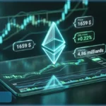 Logo Ethereum lumineux au-dessus d'un graphique financier affichant un prix de 1659 dollars et des indicateurs de marche