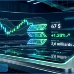 Écran de trading futuriste affichant le logo Solana lumineux avec un prix de 67 dollars et un graphique en chandeliers verts