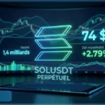 Graphique d'analyse technique affichant le prix de Solana à 74 dollars et ses données de marché