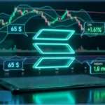 Graphique virtuel affichant le logo Solana en néon avec le prix à 65 dollars et des indicateurs de trading