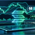 Graphique d'analyse technique affichant le logo Solana en hologramme avec une hausse de 4,32 % et un prix de 68 dollars