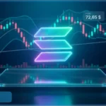 Graphique d'analyse technique affichant le logo Solana lumineux avec un prix de 72,65 dollars et des indicateurs de trading